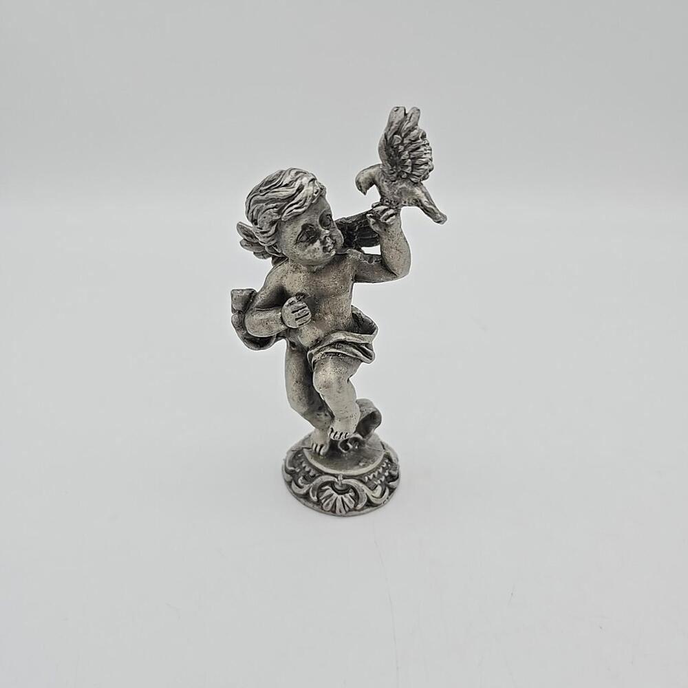 Vintage SUN Small Pewter Cherubs  Angels with Dove Figurine 3 1/2" Tall
